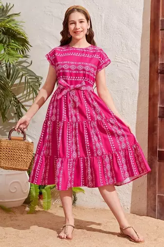 Dark pink color printed cotton blend fit&flared style dresses