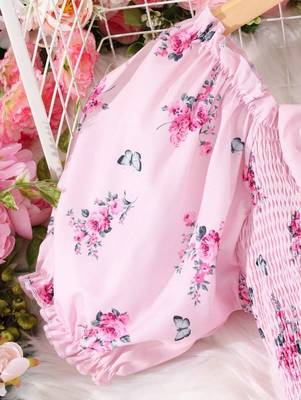 Baby pink color printed cotton blend fit&flared style dresses 5