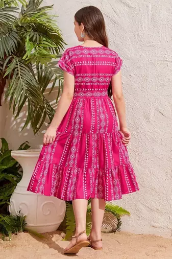 Dark pink color printed cotton blend fit&flared style dresses