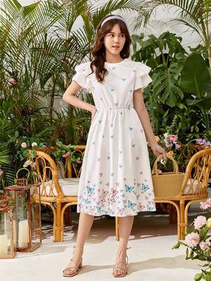 White color printed cotton blend fit&flared style dresses 2