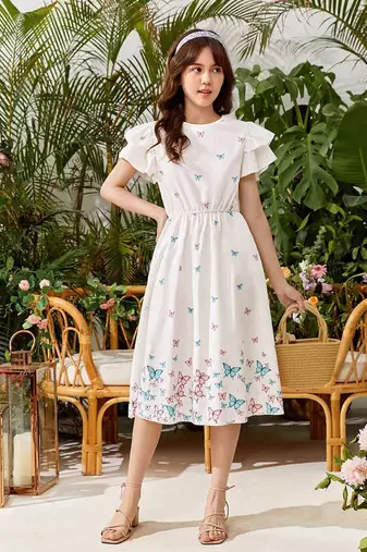 White color printed cotton blend fit&flared style dresses