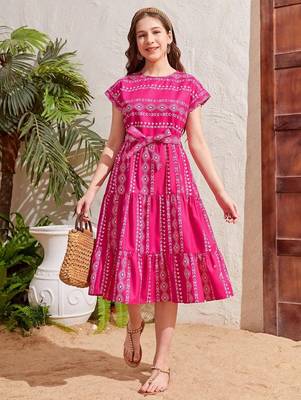 Dark pink color printed cotton blend fit&flared style dresses 5