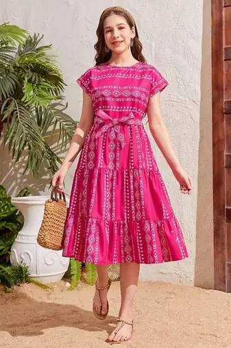 Dark pink color printed cotton blend fit&flared style dresses