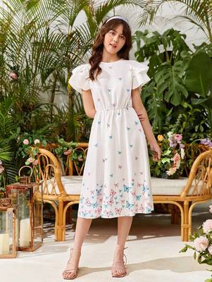 White color printed cotton blend fit&flared style dresses 3