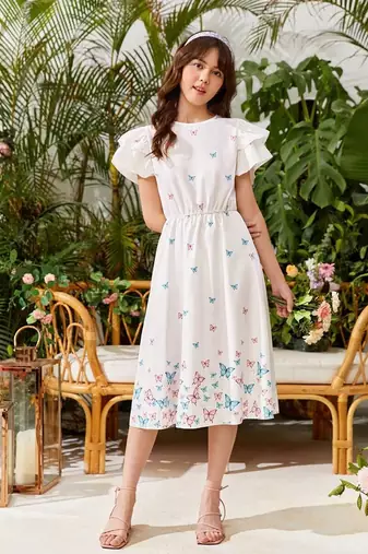 White color printed cotton blend fit&flared style dresses