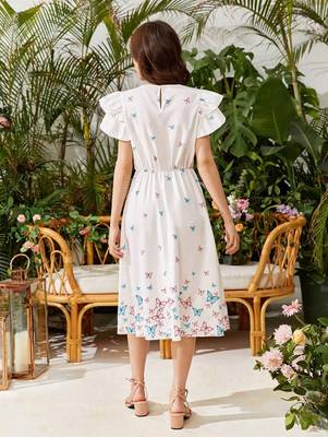 White color printed cotton blend fit&flared style dresses 4