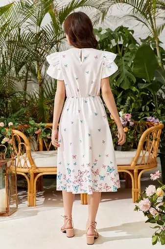 White color printed cotton blend fit&flared style dresses