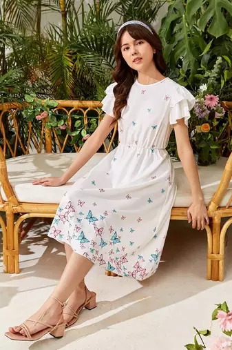 White color printed cotton blend fit&flared style dresses