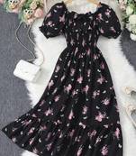 Black color printed cotton blend fit&flared style dresses