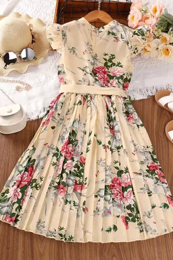 Cream color printed cotton blend fit&flared style dresses