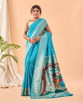Sky Blue Paithani Silk Saree And Rich Pallu Saree With Blouse For Women 1
