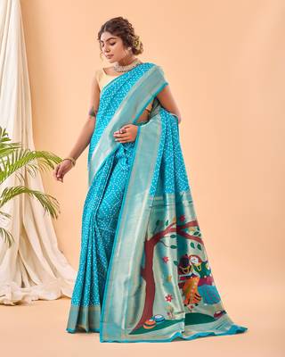 Sky Blue Paithani Silk Saree And Rich Pallu Saree With Blouse For Women 2