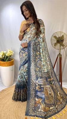 Sky Blue Silk Blend Kalamkari patterns Printed Saree with Blouse For Women 1
