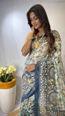 Sky Blue Silk Blend Kalamkari patterns Printed Saree with Blouse For Women 2