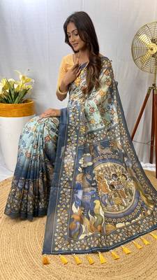 Sky Blue Silk Blend Kalamkari patterns Printed Saree with Blouse For Women 3