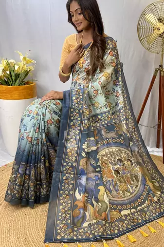 Sky Blue Silk Blend Kalamkari patterns Printed Saree with Blouse For Women