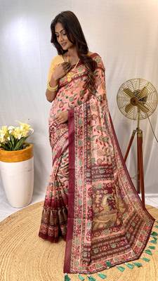 Pink Silk Blend Kalamkari patterns Printed Saree with Blouse For Women 1