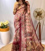 Pink Silk Blend Kalamkari patterns Printed Saree with Blouse For Women