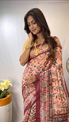Pink Silk Blend Kalamkari patterns Printed Saree with Blouse For Women 2