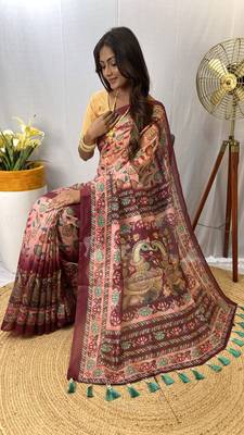 Pink Silk Blend Kalamkari patterns Printed Saree with Blouse For Women 3