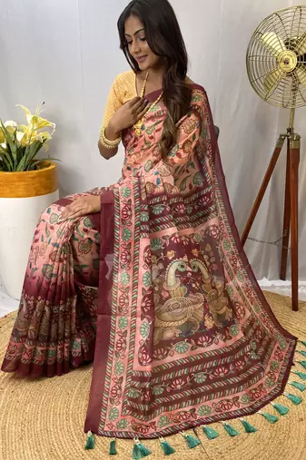 Pink Silk Blend Kalamkari patterns Printed Saree with Blouse For Women