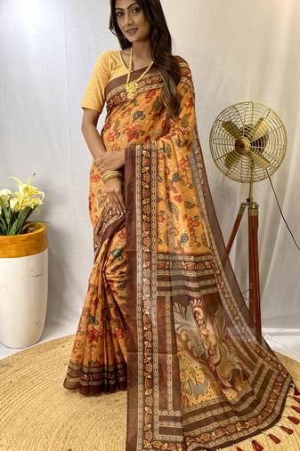 Yellow Silk Blend Kalamkari patterns Printed Saree with Blouse For Women
