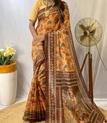 Yellow Silk Blend Kalamkari patterns Printed Saree with Blouse For Women