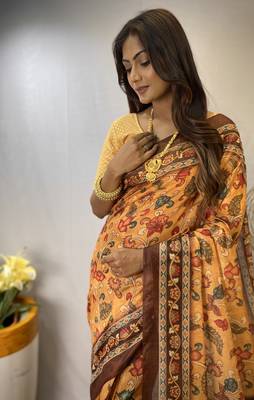 Yellow Silk Blend Kalamkari patterns Printed Saree with Blouse For Women 2