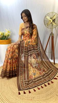 Yellow Silk Blend Kalamkari patterns Printed Saree with Blouse For Women 3