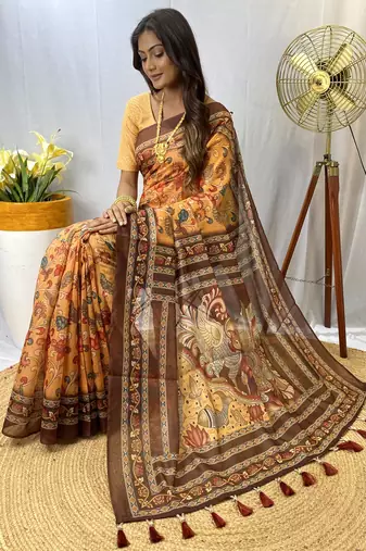 Yellow Silk Blend Kalamkari patterns Printed Saree with Blouse For Women
