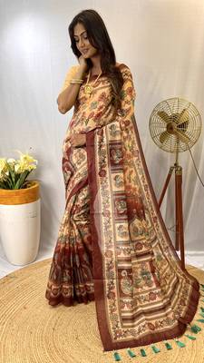 Silk Blend Kalamkari patterns Printed Saree with Blouse For Women 1