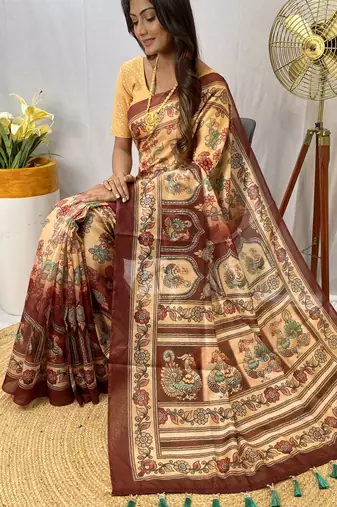 Silk Blend Kalamkari patterns Printed Saree with Blouse For Women