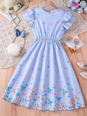 Lavender color printed cotton blend fit&flared style dresses 1