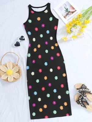Black color printed cotton blend bodycon style dresses 1