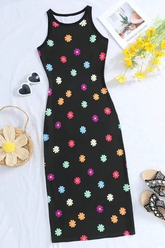 Black color printed cotton blend bodycon style dresses