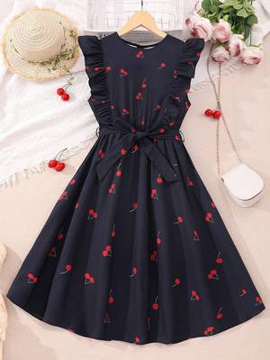 Navy blue color printed cotton blend fit&flared style dresses 1