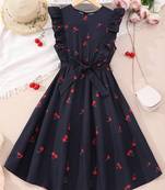 Navy blue color printed cotton blend fit&flared style dresses