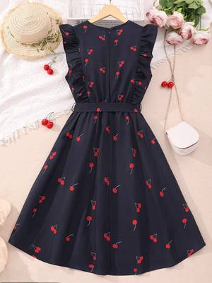 Navy blue color printed cotton blend fit&flared style dresses 2