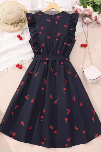 Navy blue color printed cotton blend fit&flared style dresses