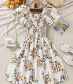 Yellow color printed cotton blend fit&flared style dresses