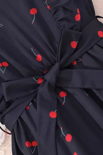 Navy blue color printed cotton blend fit&flared style dresses