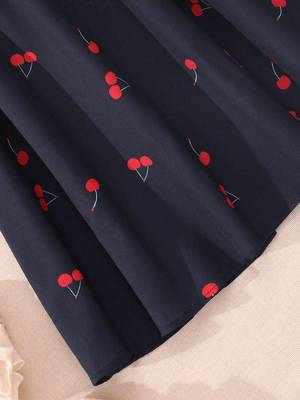 Navy blue color printed cotton blend fit&flared style dresses 5
