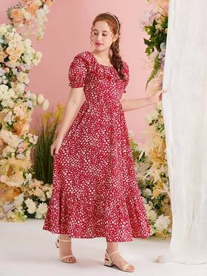 Rubby red color printed cotton blend fit&flared style dresses 1