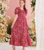 Rubby red color printed cotton blend fit&flared style dresses