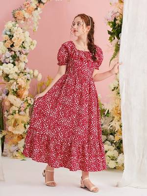 Rubby red color printed cotton blend fit&flared style dresses 2