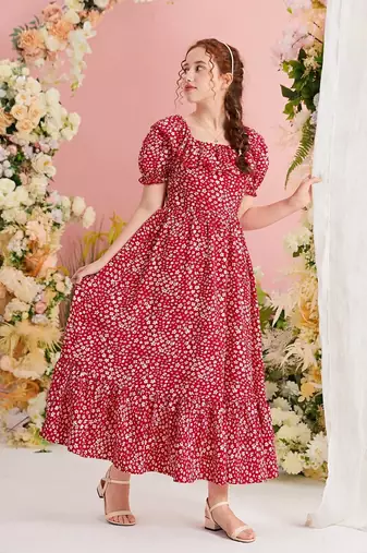 Rubby red color printed cotton blend fit&flared style dresses