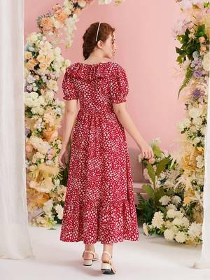 Rubby red color printed cotton blend fit&flared style dresses 3