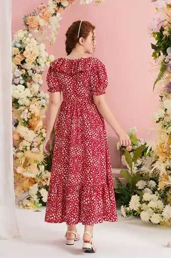 Rubby red color printed cotton blend fit&flared style dresses