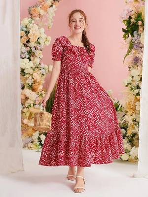 Rubby red color printed cotton blend fit&flared style dresses 4