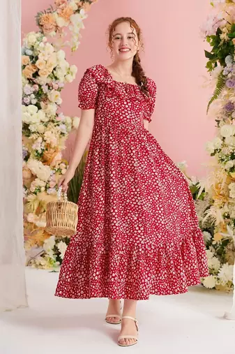 Rubby red color printed cotton blend fit&flared style dresses